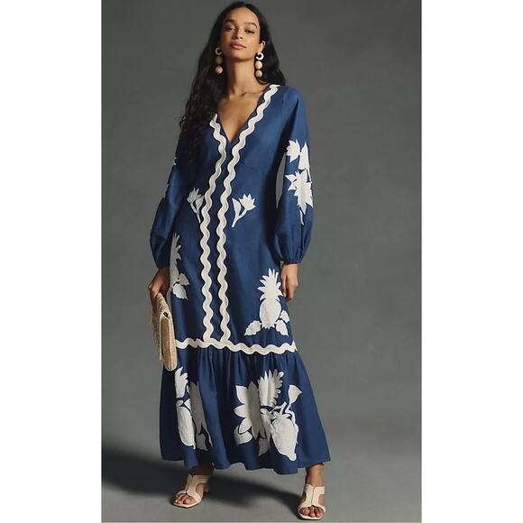 FARM Rio Dresses & Skirts - Farm Rio Flounce Blue & White Embroidered Linen-Blend Maxi Dress Pockets Size XS